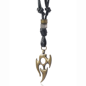 Adjustable long leather necklace with a bronze flame pendant in minimalist punk style
