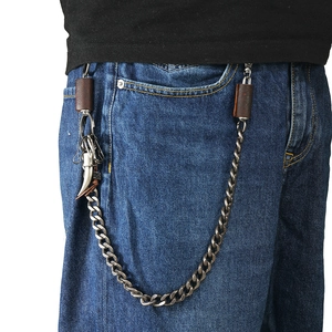 Punk style heavy metal waist chain with brown leather trim and bull horn pendant for jeans