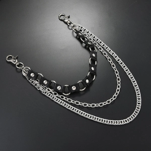 Three-layer punk style wallet chain with silver Cuban link and black studded leather
