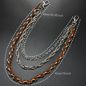 Chaîne de ceinture punk à trois couches en cuir tressé marron et maillons métalliques