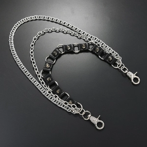 Punk multi-layer waist chain with silver metal links and black spiked leather straps