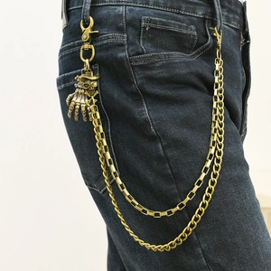 Chaîne de taille punk double épaisseur avec pendentifs crâne en bronze pour jeans