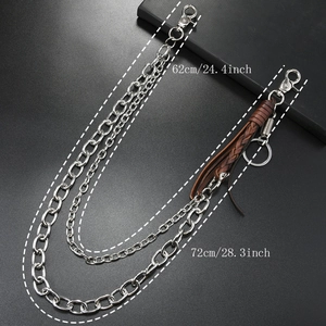 Double-layered braided leather and silver metal pants chain for hip-hop punk style outfits