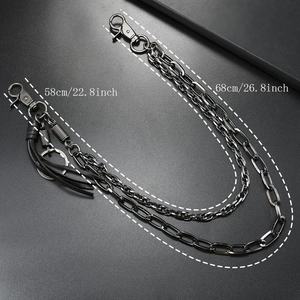 Punk multilayer chain belt with black leather tassel and dual metal lobster clasps