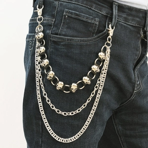 Multi-layer punk skull wallet chain with silver metal links and black leather accents
