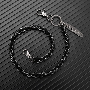 Punk style pants chain with woven black rope, metal lobster clasps and feather pendant