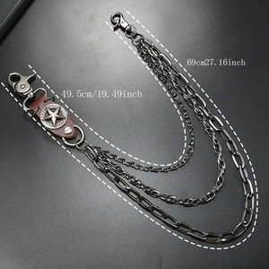 Three-layer punk metal wallet chain with star leather patch and sizing measurements