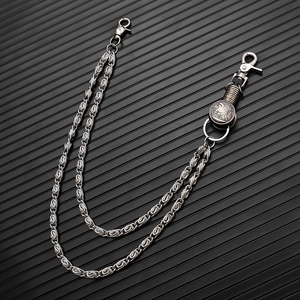 Detail showing double layered silver punk wallet chain with eagle emblem and spring hooks