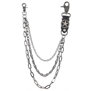 Three-layer silver star punk metal wallet chain for jeans with skull and lobster clasps