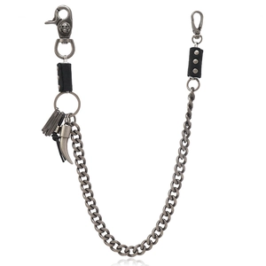 Punk silver metal wallet chain with skull clasp, leather sleeve and fang pendant for jeans