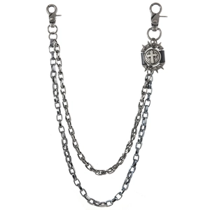 Punk Rock Multi Layer Metal Pants Chain For Men Vintage Cross Spike Waist Chain Hip Hop Wallet Chain With Leather Detail