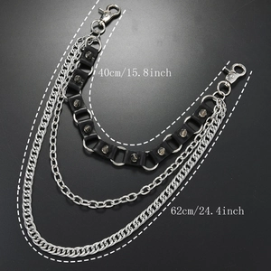 Punk multi-layer denim pants chain with silver spikes, leather straps and Cuban links
