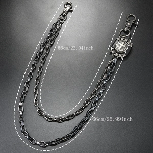Double-layered punk pants chain with cross medal and spiked details, 56-66cm length