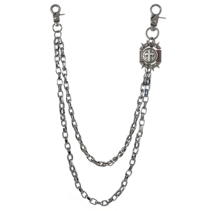 Double-layered punk pants chain with spiked cross pendant and vintage metallic finish
