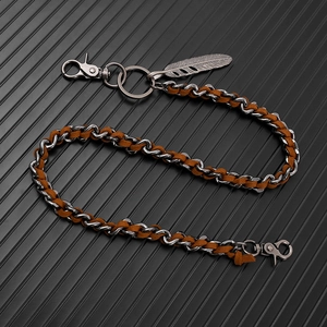Detail of dark grey metal chain with brown woven suede and feather pendant for men