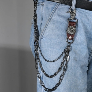 Mehrlagige Jeans-Kette im Punk-Stil mit silbernem Totenkopf-Emblem und Leder-Detail für Herren