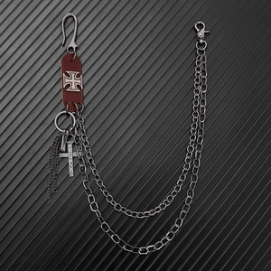 Chaîne de pantalon double en métal style punk avec pendentif croix et cuir