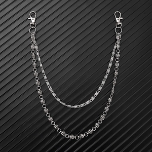 Punk Double Layer Metal Pants Chain Gothic Cross Flower Beads Waist Chain For Jeans Men Women Streetwear Wallet Chain
