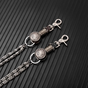 Detail of punk style multi-layer metal wallet chains with leather accents and eagle coins