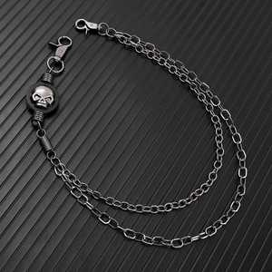 Double-layered gunmetal hip hop wallet chain with skull charm and metal lobster clasps