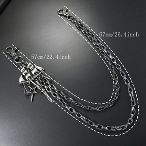 Punk multilayer silver metal pant chain with star, ship, and sword charms, 67cm length