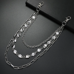 Multi-layer silver hip-hop pants chain with rectangle links and hammered metal pendants