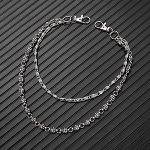 Detail of double-layer punk pants chain featuring cross patterns and lobster clasp