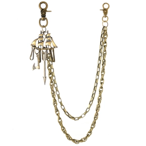 Retro punk multilayer trousers chain with pirate ship and axe pendants in brass