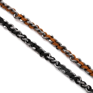 Punk rock metallic woven chain accessory with black and brown leather strands for men