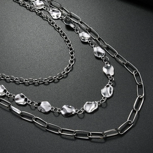 Three-layer silver metal hip-hop pants chain with paperclip and hammered plate links