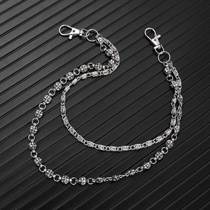 Gothic punk double-layered silver waist chain with embossed cross stars and lobster clasps