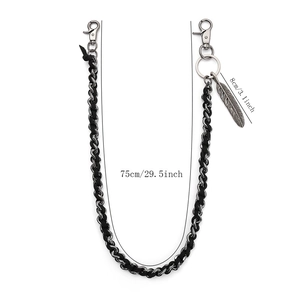 Silver metal pants chain with black weave, feather pendant and lobster clasps, 75cm long