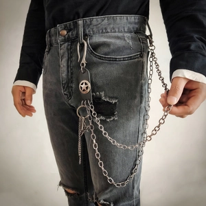 Men's hip hop punk double-layer metal wallet chain with star leather patch on grey jeans