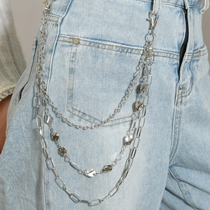 Three-layer silver metal pants chain with punk style links and charms for denim jeans