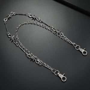 Double-layered silver punk waist chain with barbed wire design and lobster clasps