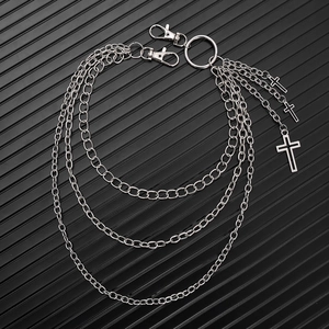 Three-layer silver metal pants chain with cross pendants in punk harajuku style