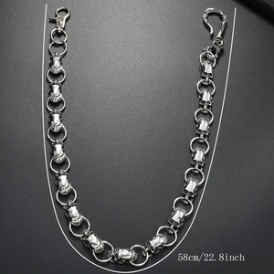 Punk style silver skull pant chain with lobster clasps and metallic hardware, 58cm length