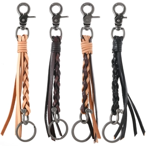 Handmade Woven Cowhide Leather Keychain Vintage Alloy Lobster Clasp Horseshoe Buckle Key Ring Ornament For Men Women Gift