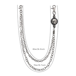 Double-layered hip hop skull waist chain with 68cm and 78cm long silver metal links