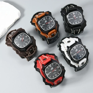 Men's punk rock wide leather watch with manual stitching in five assorted colors