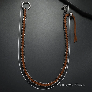 Chaîne de pantalon en métal argenté avec cuir marron tressé et gland, longueur 68cm