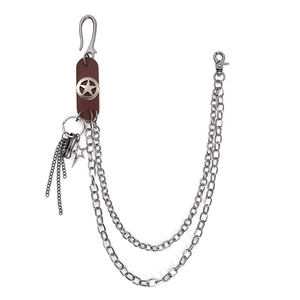 Men Punk Rock Double Layer Metal Trouser Chain With Star Cowhide Patch Vintage Silver Hip Hop Streetwear Belt Chain