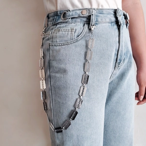 Punk style silver metal trouser chain featuring razor blade links and lobster clasp