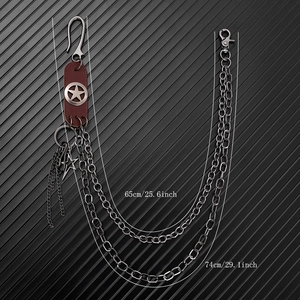 Punk style double-layered metal trousers chain with leather star accent, 25-29 inch length