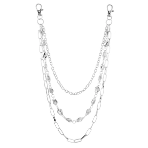 Three-layer silver metal pants chain with geometric beads and lobster clasps for hip hop style