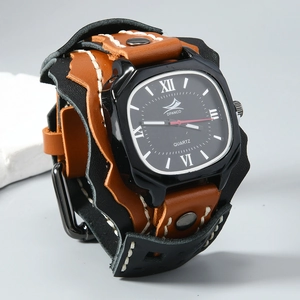Close-up of wide multi-layer leather watch band with white stitching and metal rivets