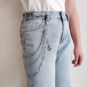 Dreilagige silberne Hosenkette mit Totenkopf-Anhänger für Punk- und Hip-Hop-Streetwear