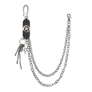 Double-layered punk metal pants chain with silver stars and black leather accents