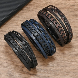 Bracelets multicouches en cuir tressé faits main avec fermoir magnétique noir et marron