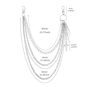 Three-layer silver cross pants chain with lobster clasps and ring links, 35 to 55cm length
